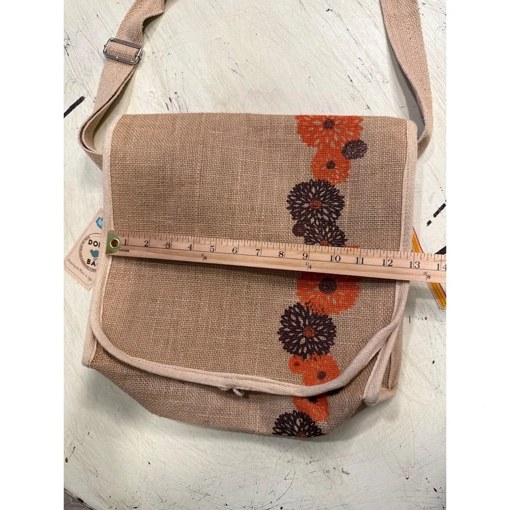 The Dodo Bag Co Jute Carryall Messenger‎ Bag OS Floral Burlap Boho Tan